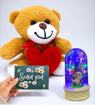 Muhteşem Hediye Seti Kalpli Sevimli Peluş Ayıcık, Senin İçin Kartı ve Renkli Led Işıklı Fanus (Model 2)