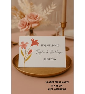 Zambak Nişan Masa Kartı Çift Yön Baskı - 11x16cm - İsme Özel - Nişan Kartı - Nikah Kartı