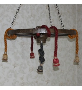 Otantik Çarşı Ahşap Renkli Halatlı Teker Avize 70 cm. 5'li  Serbest Sarkıtlı