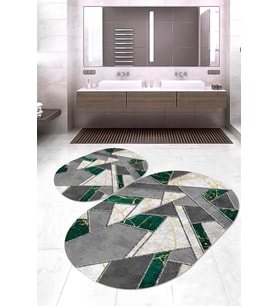 Dijital Baskılı Kaymaz Taban Yıkanabilir Oval 2'li Klozet Takımı Banyo Paspası NOKZ-HT-167 (Yeşil)