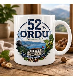 Ordu Temalı Hediyelik Kupa Bardak - 52 Plaka Fındığın Başkenti ve Şehir Simgeleri İllüstrasyon Baskılı Özel Tasarım Kupa