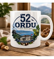 Ordu Temalı Hediyelik Kupa Bardak - 52 Plaka Fındığın Başkenti ve Şehir Simgeleri İllüstrasyon Baskılı Özel Tasarım Kupa