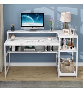Zizuva Tasarım Monitör Raflı Kitaplıklı Beyaz Çalışma Masası
