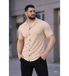 Erkek Waffle Kumaş Kısa Kollu Düğmeli Açık Yaka Regular Fit Gömlek - Bej