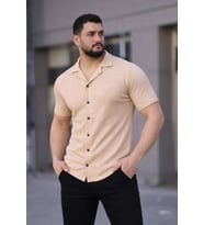 Erkek Waffle Kumaş Kısa Kollu Düğmeli Açık Yaka Regular Fit Gömlek - Bej