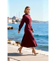 Kadın Maxi Tesettür Elbisesi Dik Yaka Uzun Kol Kuşaklı Terrycotton Dokuma Rahat Kesim Günlük Modern