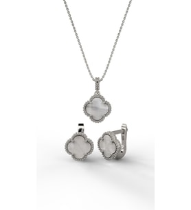 925 Ayar Beyaz Sedef Taşlı Rodyum Van Cleef Yonca Kolye Küpe 2'li Gümüş Set-Takım