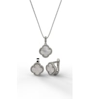 925 Ayar Beyaz Sedef Taşlı Rodyum Van Cleef Yonca Kolye Küpe 2'li Gümüş Set-Takım