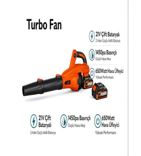 21V Çift Bataryalı Hava Üfleyici 650W Turbo Fan 1450Pa Yaprak Araba Kurulama - 2.6Ah