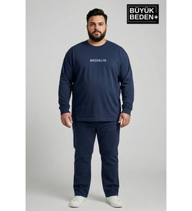 Erkek Büyük Beden Orta Brooklyn Baskılı 2 İplik Bisiklet Yaka Tişört SPR26BTS942-8 (Lacivert)
