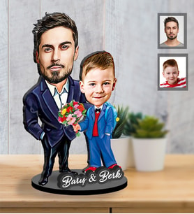 Kişiye Özel Babalar Günü Baba Erkek Çocuk Karikatürlü İki Katmanlı Ahşap Biblo Model-7