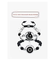 Mesafe Bilekliği – Totwoo Akıllı Dokunmatik Sevgililer Bilekliği - Siyah Akik (Black Agate) ve Pembe Pers Yeşimi - Güneş ve Ay figürlü