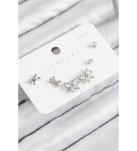 Pirinç Zirkon Taşlı Fiyonk Model Gümüş Renk 925 Ayar Gümüş Çivi Kadın Küpe Set (Çok Renkli)