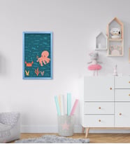 BK Home Yengeç ve Ahtapot Tasarımlı Dekoratif Mavi Ahşap Çerçeveli Çocuk Odası Tablo-1