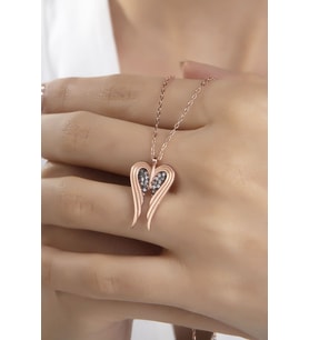 Kadın Orjinal 925 Ayar Gümüş Zirkon Taşlı Melek Kanat Model Kolye (Rose)