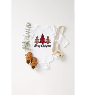 Unisex Bebek Merry Christmas Çam Ağaçları Baskılı Body Zıbın