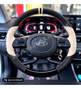 Hyundai i10 Dikme Direksiyon Kılıfı Delikli Deri Parlak Siyah Bej Detay Çift Yüzük ve Dikiş 2020-2026
