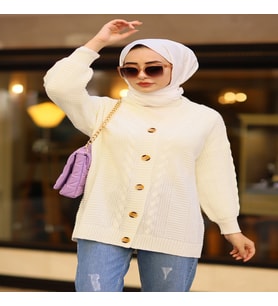 Oversize Kadın Tesettür Triko Hırka Ekru