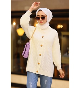 Oversize Kadın Tesettür Triko Hırka Ekru