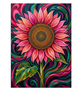 Pembe Günebakan Psychedelic Çiçek Tablosu Dekoratif Kanvas - Mdf Ahşap Tablo
