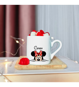 Minnie Mouse Tasarımlı Ahşap Tabaklı Kişiye Özel Türk Kahvesi Fincanı
