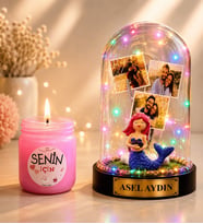 Kişiye Özel Yazılı 3 Fotoğraflı Renkli LED Işıklı Fanus (deinzkızı) ve Cam Kokulu Mum Seti