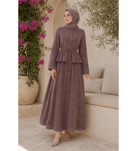 Neşeli butik kadın kahverengi brodeli bel lastikli etek bluz tesettür takım NBELB013