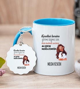 Kişiye Özel Alışıkın Değilsindir Tasarım Esprili Mavi Kupa Bardak ve Anahtarlık