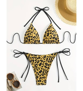 AMOR FACE ÖZEL TASARIM  LEOPAR BASKILI BRAZİLİAN BEACH CLUB SEXY KADIN BİKİNİ TAKIMI (Sarı)