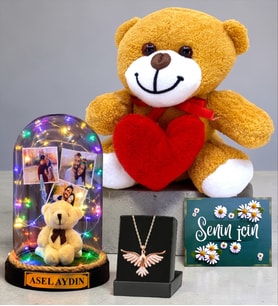 Kişiye Özel Renkli Işıklı Fanus & Anka Kuşu Kolye & Kalpli Peluş Ayıcık Seti (Model 2)