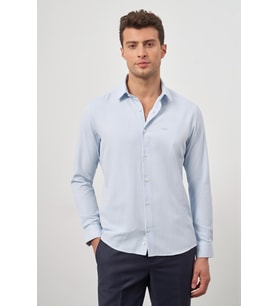 Koyu Mavi Uzun Kol Kendinden Desenli Armürlü 032 Sert Yaka Classic Slim Fit Gömlek 1004245151