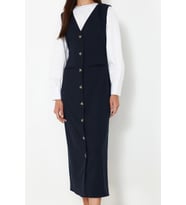Moda Stil Regular V Yaka Maxi Boy Tesettür Dokuma Kumaş Jile Elbise (Lacivert)