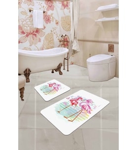 Ekru Flamingolu Banyo Halısı Klozet Takımı Paspas Seti BS226