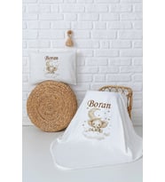 Pia Baby Premium %100 Pamuk Çift Kat Penye Battaniye ve Yastık Kılıfı Yenidoğan Erkek Bebek Hediyesi 5030-10 (Ekru)
