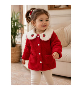 Çilek Nakışlı Bebe Yaka Kırmızı Peluş Kız Çocuk Mont