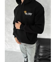Erkek Kapüşonlu Kanguru Cepli Sweatshirt 3 İplik Pamuklu Baskılı Hoodie - Siyah