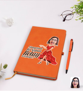 BK Gift Kişiye Özel Kadın Nihayetinde Karikatürlü Turuncu Termo Deri Defter Kalem Seti Model 1