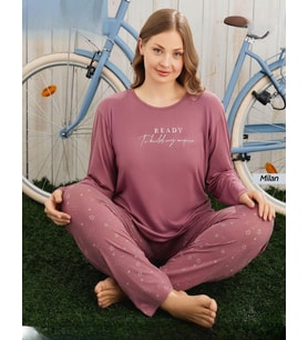 Pijamoni Kadın Milan Büyük Beden Bisiklet Yaka Uzun Kol İnce Pijama Takımı 7666/26 - 1 Adet (Gül Kurusu)