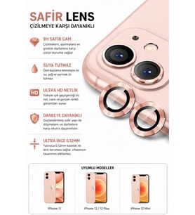 iPhone 11 / 12 / 12 Mini Pembe Metal Kamera Lens Koruyucu Safir Cam Ultra Net HD