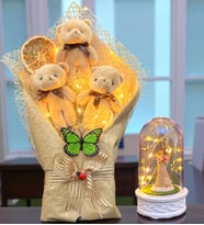 Büyük Boy Led Işıklı Peluş Ayıcık Buketi ve Led Işıklı Biblolu Fanus Hediye Seti (Model 5)