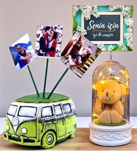 Kişiye Özel Hediye Seti 3 Fotoğraflı Yeşil Vosvos Saksı ve Led Işıklı Fanus (Model 6)