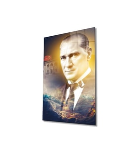 Atatürk Portre ve Türk Bayrağı Cam Tablo Modern Ev Ofis Salon Hediyelik Büyük Tablo Duvar Dekoru (Çok Renkli)