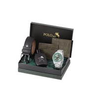 Polo Air Klasik Metal Kasa Erkek Kol Saati Cüzdan Kemer Kartlık Parfüm Seti Gümüş Yeşil Renk PL-7094E3