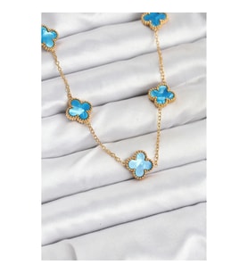 Mey İthalat® 316L Çelik Zincir Gold Buz Mavisi Renk Yonca Kolye