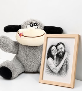 Size Özel Karakalem Fotoğraflı Çerçeve ve Peluş Eşek Hediye Seti