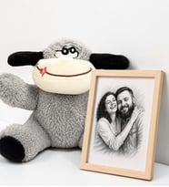 Size Özel Karakalem Fotoğraflı Çerçeve ve Peluş Eşek Hediye Seti