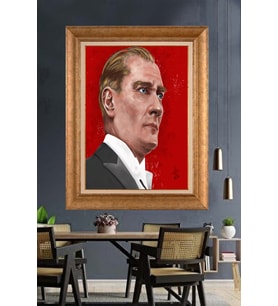 Altın Varaklı Çerçeveli Paspartulu Atatürk Tablo nh67 (Gold)