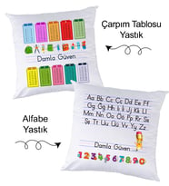Biresimden ilkokul 1. Sınıf Öğrencisine Hediye Yastık Seti Okula Başlangıç Alfabe ve Çarpım Tablosu (2 adet yastık)