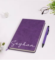 BK Gift Kişiye Özel El Yazılı Mor Termo Deri Defter Kalem Seti Model 1