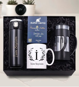 Kişiye Özel Tasarımlı Kupa &  Kişiye Özel 450 ML Kilitli Dereceli Termos & Siyah French Press & Alerya Premium Filtre Kahve Hediye Seti